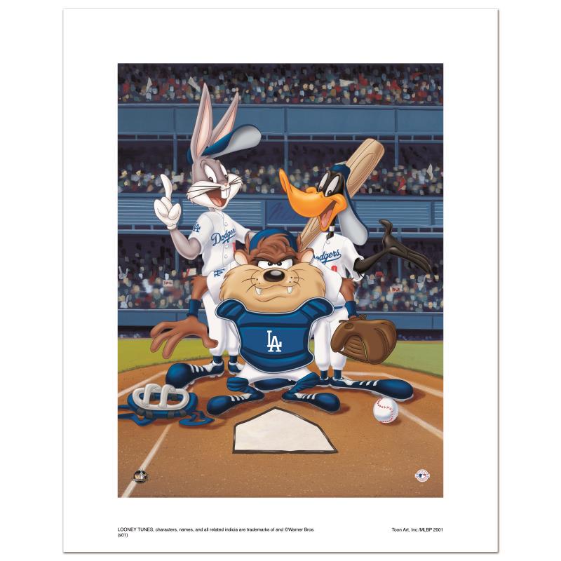 Looney Tunes "At the Plate (Dodgers)" Limited Edition: "At the Plate (Dodgers)" is a limited edition giclee on paper from Warner Bros. featuring iconic Looney Tunes characters in Los Angeles Dodgers MLB uniforms. It comes numbered, with hologram seal, and