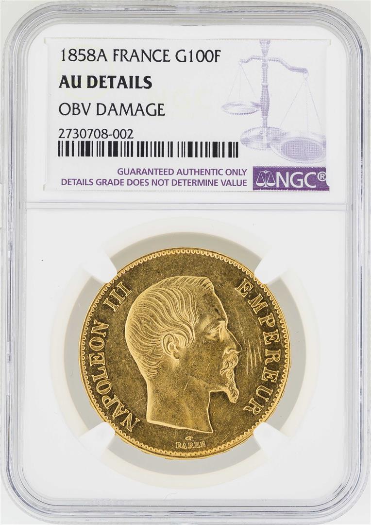 1858-A France 100 Francs Gold Coin NGC AU Details: One 1858-A France 100 Francs Gold Coin NGC AU Details. NGC Certified.