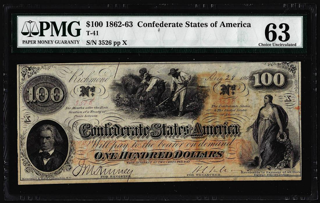 1862 $100 Confederate States of America Note T-41 PMG: One 1862 $100 Confederate States of America Note T-41 PMG Choice Uncirculated 63. PMG Certified.