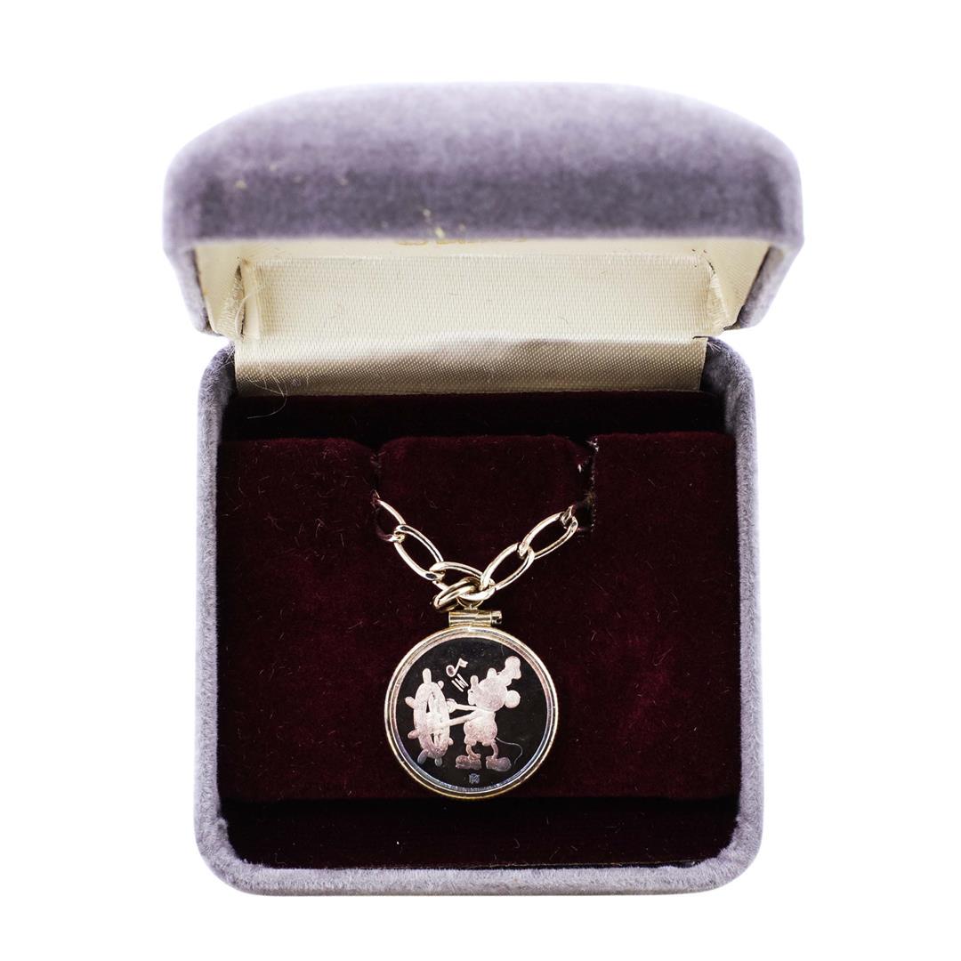 1987 Disney Necklace Steamboat Willie 1/10 oz .999 Fine: One 1987 Disney Necklace Steamboat Willie 1/10 oz .999 Fine Silver Medal w/Box.