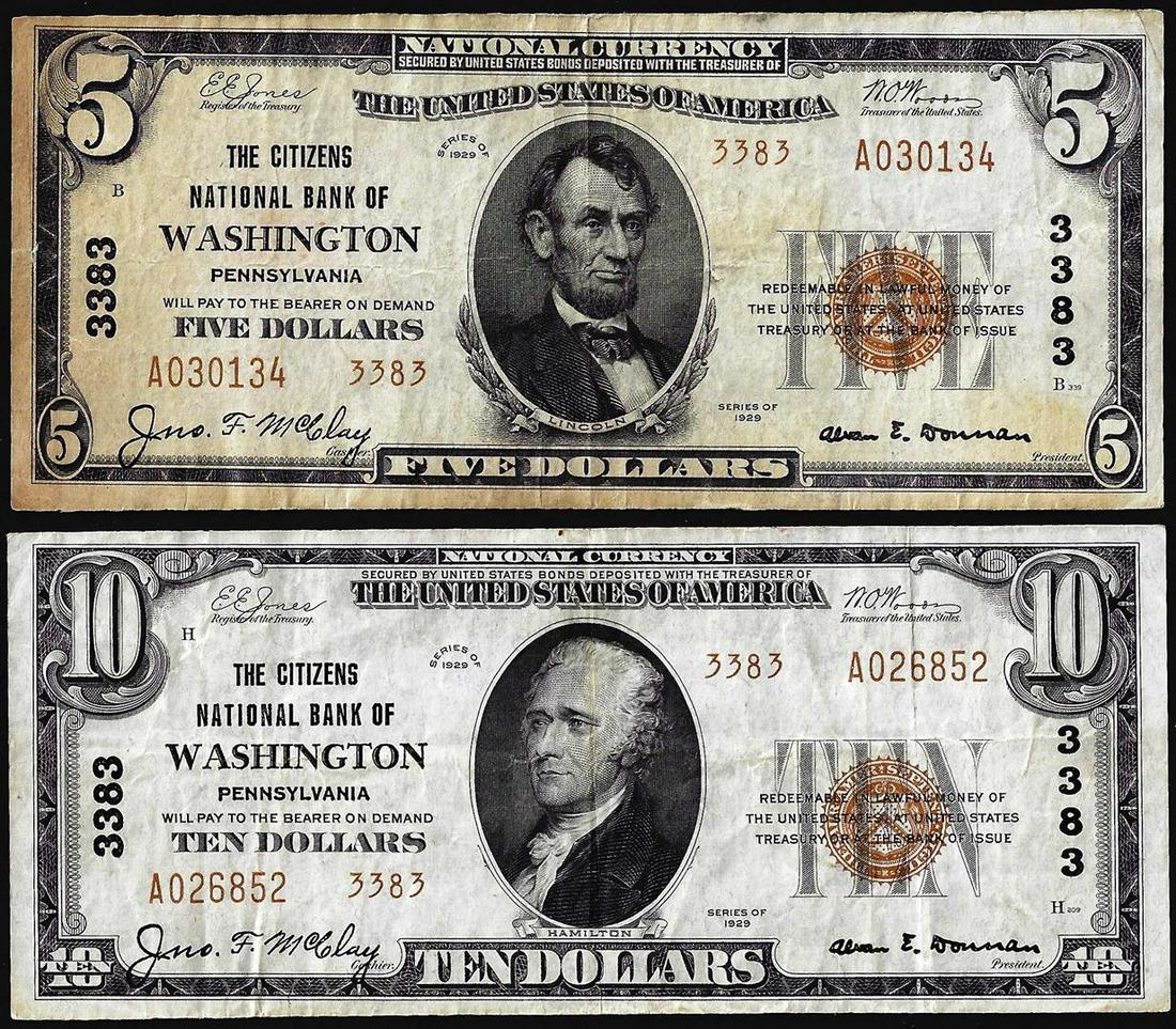 Lot of 1929 Ty. 2 $5/10 Citizens NB of Washington, PA: One Lot of 1929 Ty. 2 $5/10 Citizens NB of Washington, PA CH# 3383 National Currency Notes.