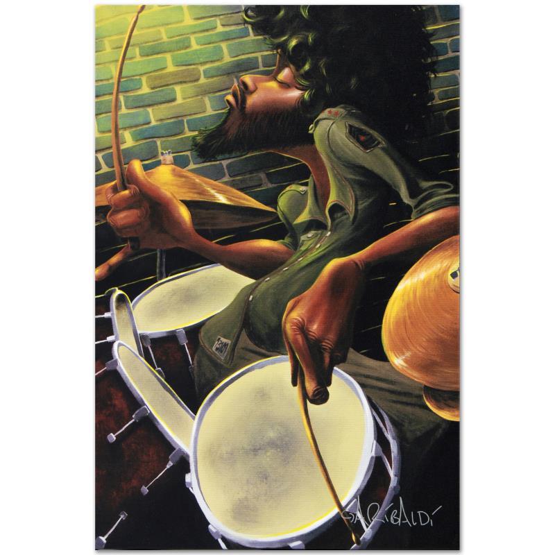 David Garibaldi "Break Beat Fever" Limited Edition: Combining his passions for music and art, David Garibaldi creates visual poetry. "Break Beat Fever" is a limited edition giclee on stretched canvas, CC numbered from the miniature series and bearing t