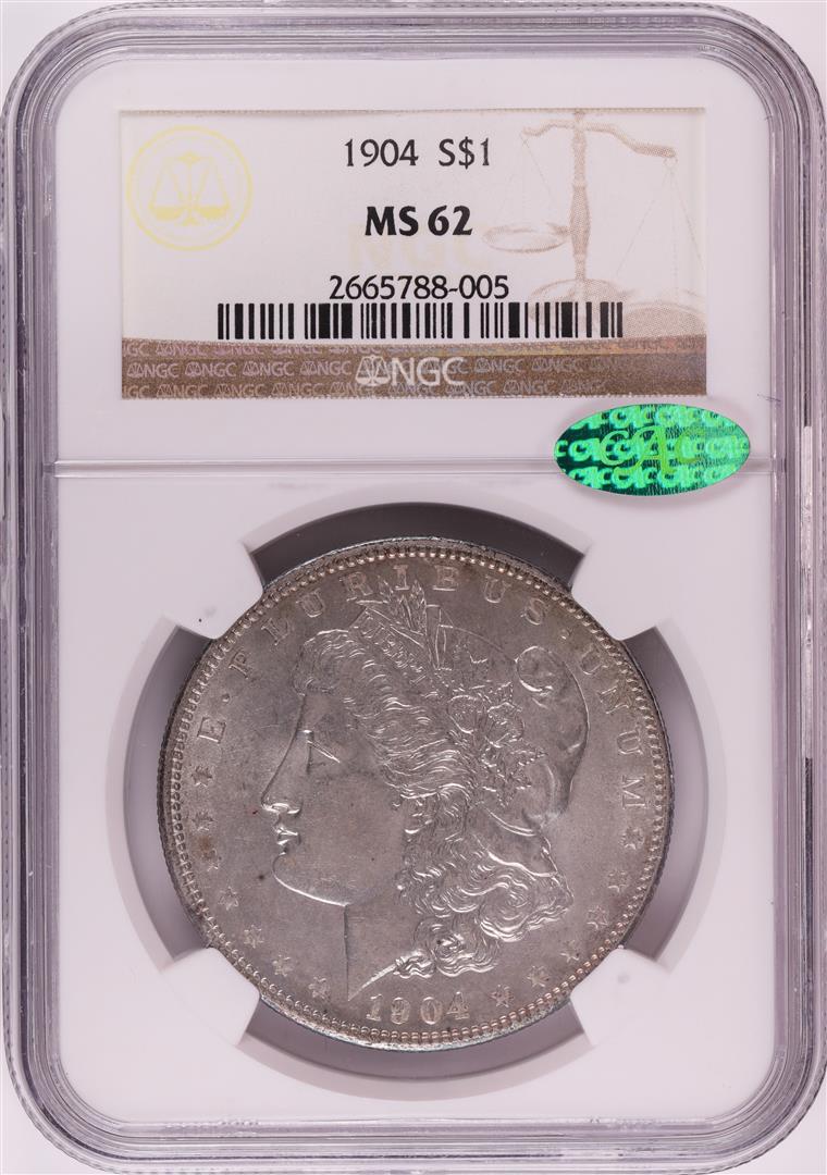 1904 $1 Morgan Silver Dollar Coin NGC MS62 CAC: One 1904 $1 Morgan Silver Dollar Coin NGC MS62 CAC. NGC Certified.