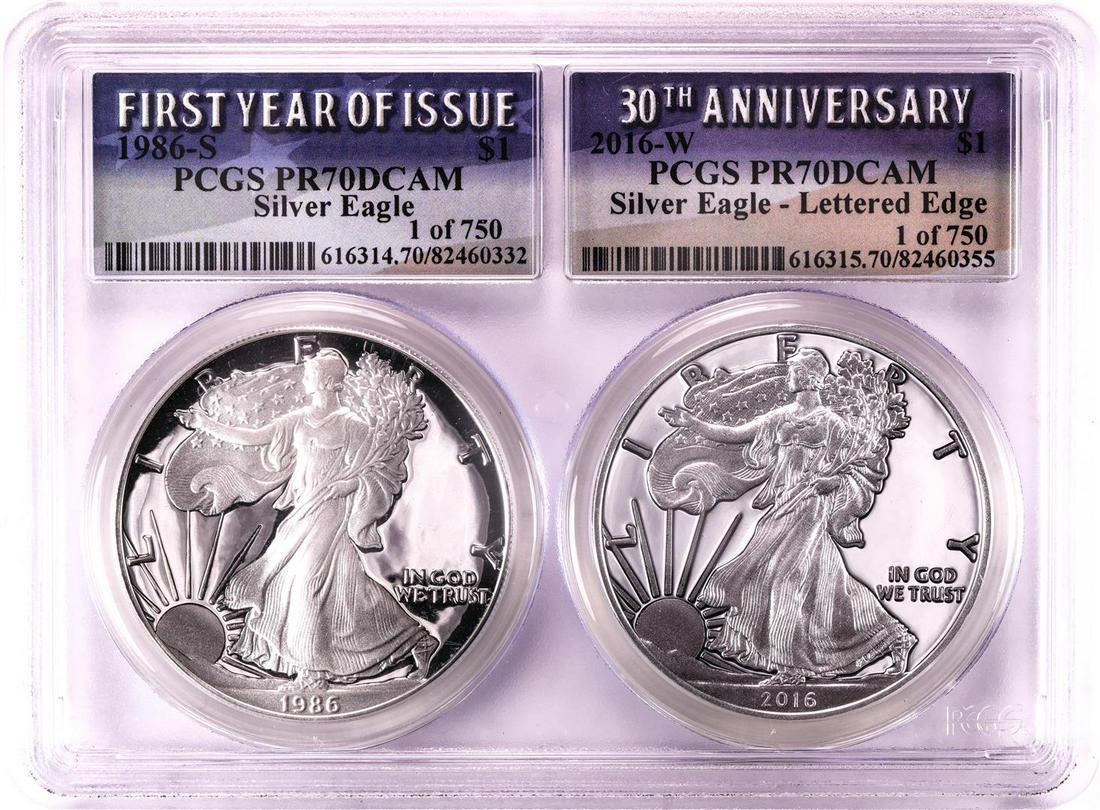 1986-S & 2016-W $1 Proof American Silver Eagle Coin Set: One 1986-S & 2016-W $1 Proof American Silver Eagle Coin Set PCGS PR70DCAM. PCGS Graded.