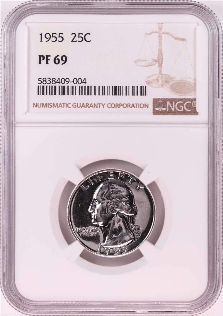1955 Proof Washington Quarter Coin NGC PF69: One 1955 Proof Washington Quarter Coin NGC PF69. NGC Certified.