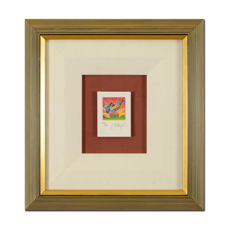Peter Max "Cosmic Flyer with Sun" Limited Edition: "Cosmic Flyer with Sun" is a limited edition lithograph on paper by Peter Max, numbered 483/500 and hand signed by the artist. This piece comes framed and includes Certificate of Authenticity. Measure