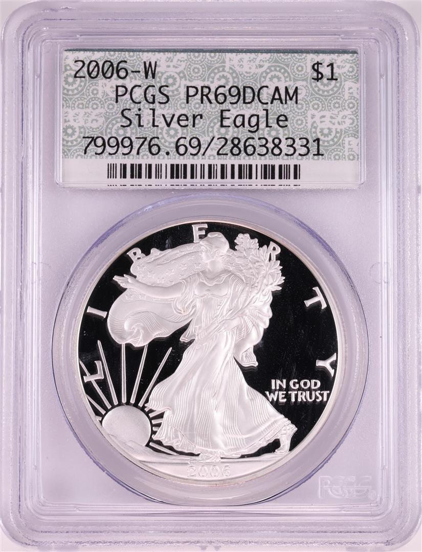 2006-W $1 Proof American Silver Eagle Coin PCGS: One 2006-W $1 Proof American Silver Eagle Coin PCGS PR69DCAM Retro Doily Holder. PCGS Graded.