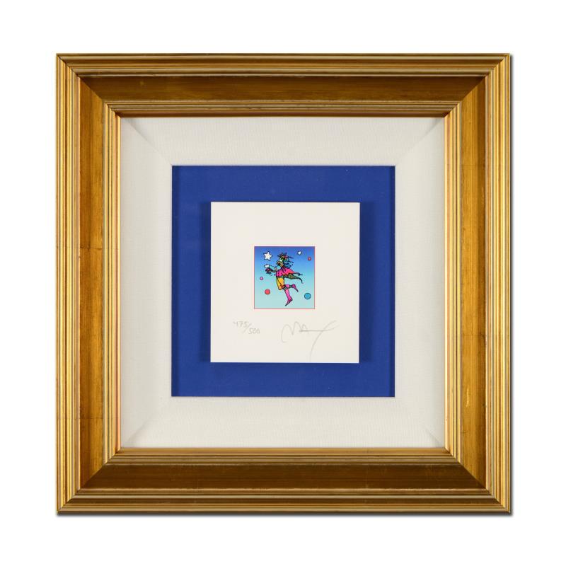 Peter Max "Star Catcher on Blue" Limited Edition: "Star Catcher on Blue" is a limited edition lithograph on paper by Peter Max, numbered 475/500 and hand signed by the artist. This piece comes framed and includes Certificate of Authenticity. Measures
