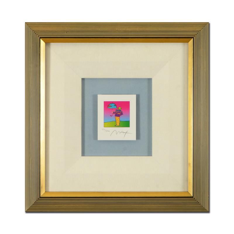Peter Max "Cosmic Umbrella Man" Limited Edition: "Cosmic Umbrella Man" is a limited edition lithograph on paper by Peter Max, numbered 471/500 and hand signed by the artist. This piece comes framed and includes Certificate of Authenticity. Measures