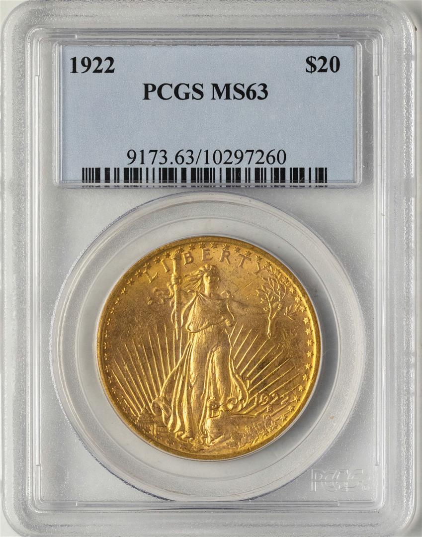 1922 $20 St. Gaudens Double Eagle Gold Coin PCGS MS63: One 1922 $20 St. Gaudens Double Eagle Gold Coin PCGS MS63. PCGS Graded.