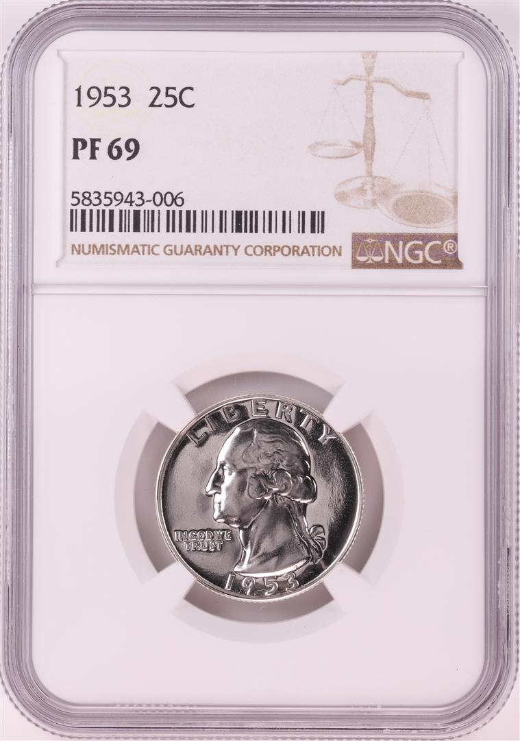 1953 Proof Washington Quarter Coin NGC PF69: One 1953 Proof Washington Quarter Coin NGC PF69. NGC Certified.