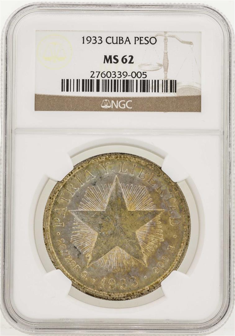 1933 Cuba Peso Silver Coin NGC MS62: One 1933 Cuba Peso Silver Coin NGC MS62. NGC Certified.