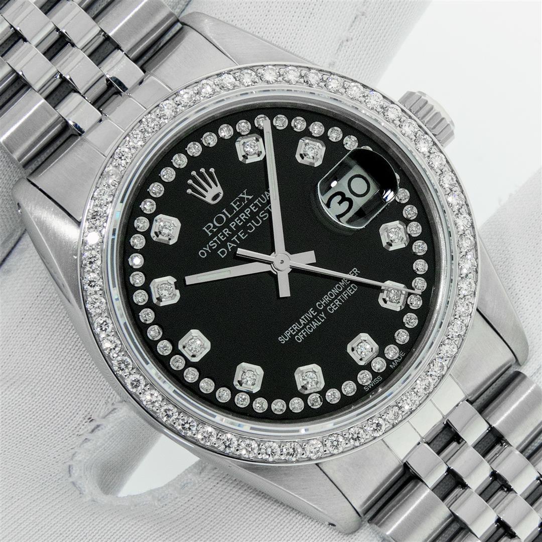 Rolex Men's Stainless Steel Black String Diamond 36MM: One Men's Rolex Stainless Steel Datejust Polished Bright with Satin Finish, This Watch Has Been Serviced & Electronically Tested, Stainless Steel Case: 36mm, Stainless Steel Crown, Custom Bezel: New S