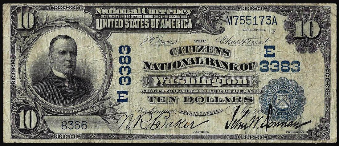 1902DB $10 Citizens NB of Washington, PA CH# 3383: One 1902DB $10 Citizens NB of Washington, PA CH# 3383 National Currency Note.