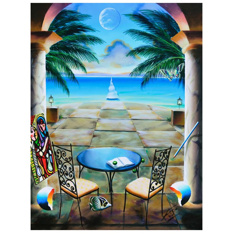 Ferjo "Caribbean Paradise" Original Oil On Canvas: "Caribbean Paradise" is an original painting, oil on stretched canvas, by Ferjo. Hand signed by the artist, this piece comes with a letter of authenticity. Measures approx. 30" x 24" (image).