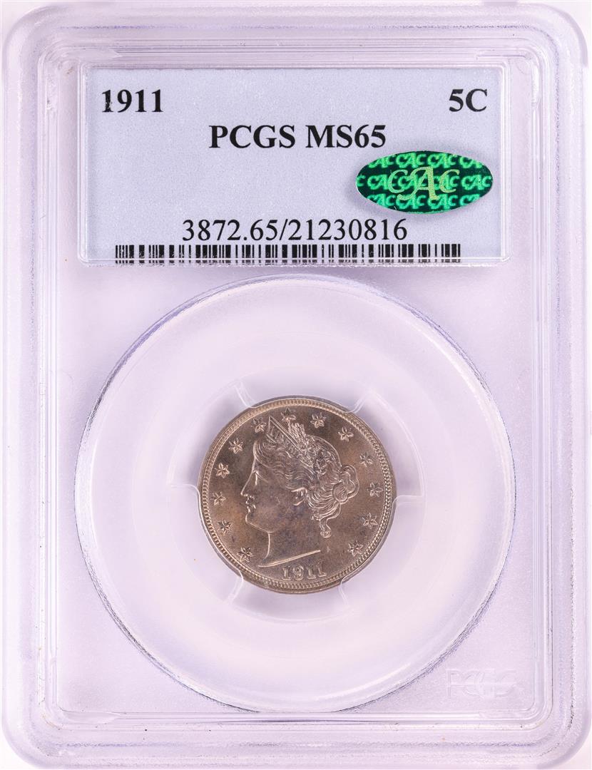 1911 Liberty V Nickel Coin PCGS MS65 CAC: One 1911 Liberty V Nickel Coin PCGS MS65 CAC. PCGS Graded.