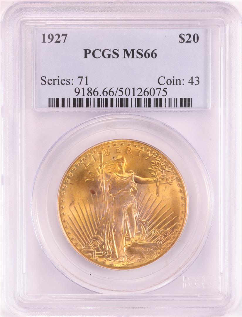 1927 $20 St. Gaudens Double Eagle Gold Coin PCGS MS66: One 1927 $20 St. Gaudens Double Eagle Gold Coin PCGS MS66. PCGS Graded.