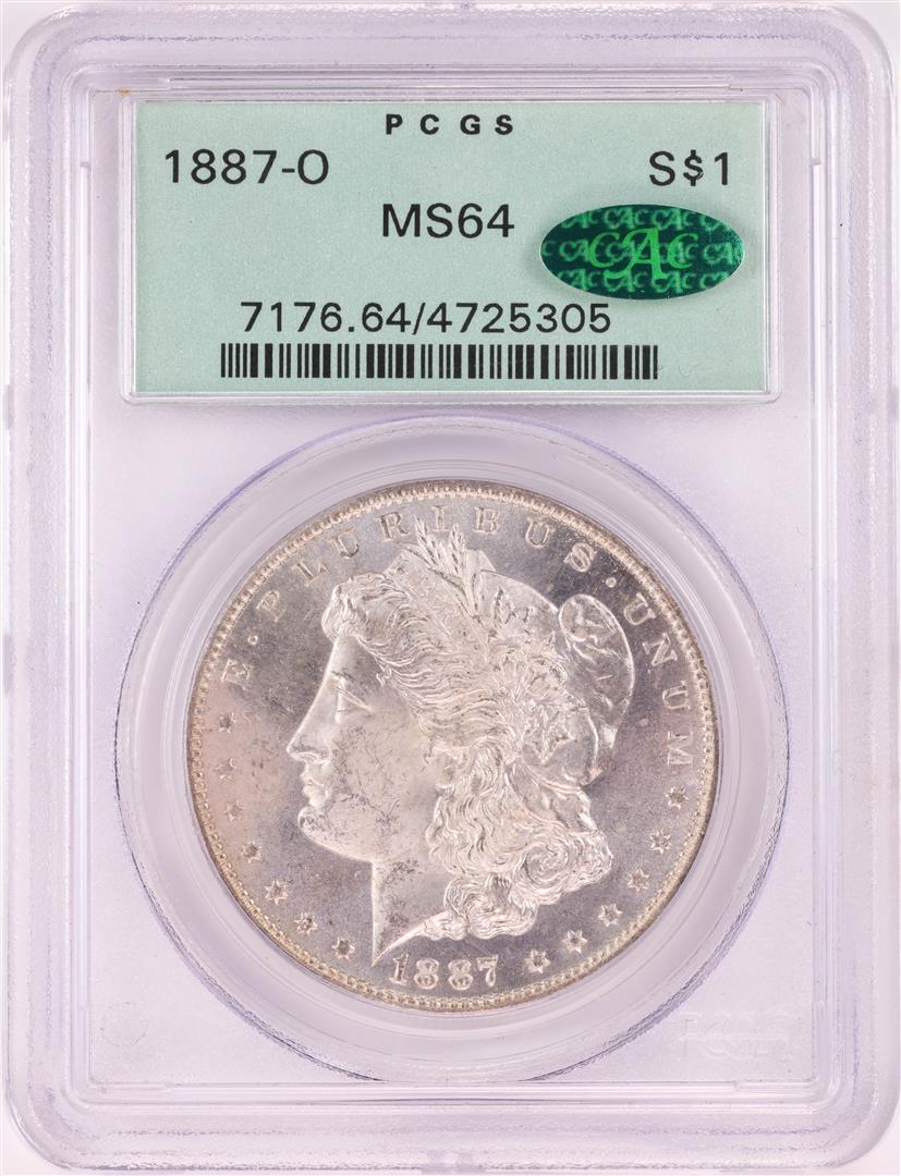 1887-O $1 Morgan Silver Dollar Coin PCGS MS64 CAC Old: One 1887-O $1 Morgan Silver Dollar Coin PCGS MS64 CAC Old Green Holder. PCGS Graded.