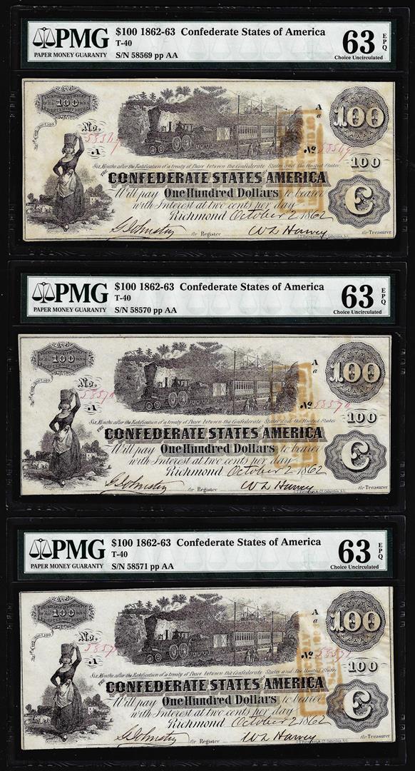 (3) Consecutive 1862 $100 Confederate States of America: One (3) Consecutive 1862 $100 Confederate States of America Notes PMG Ch. Uncirculated 63EPQ. PMG Certified.
