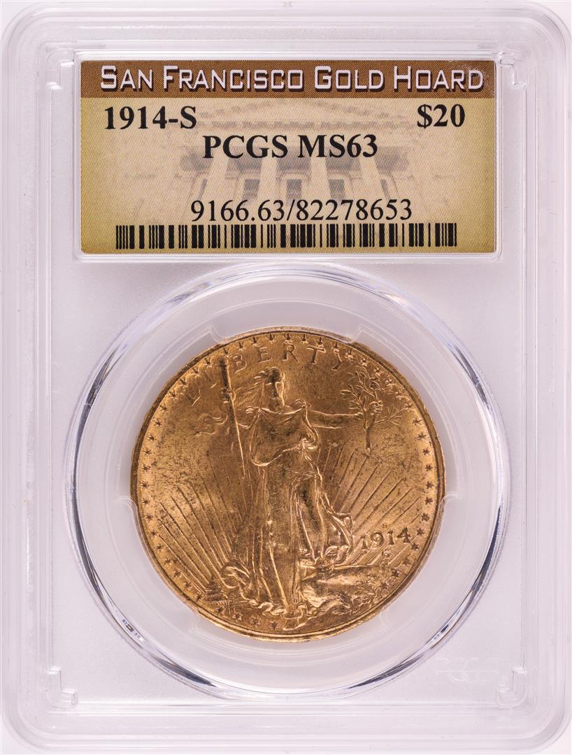 1914-S $20 St. Gaudens Double Eagle Gold Coin PCGS MS63: One 1914-S $20 St. Gaudens Double Eagle Gold Coin PCGS MS63 San Francisco Gold Hoard. PCGS Graded.