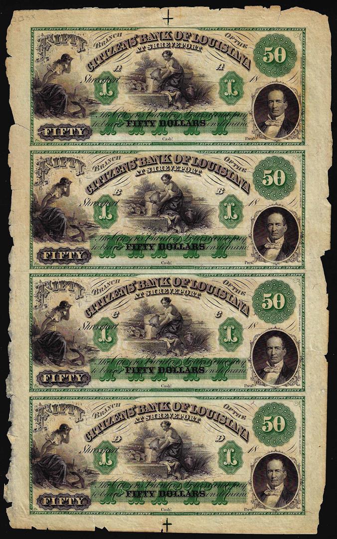 Uncut Sheet of (4) 1800's $50 Citizens Bank of: One Uncut Sheet of (4) 1800's $50 Citizens Bank of Louisiana at Shreveport Obsolete Notes.