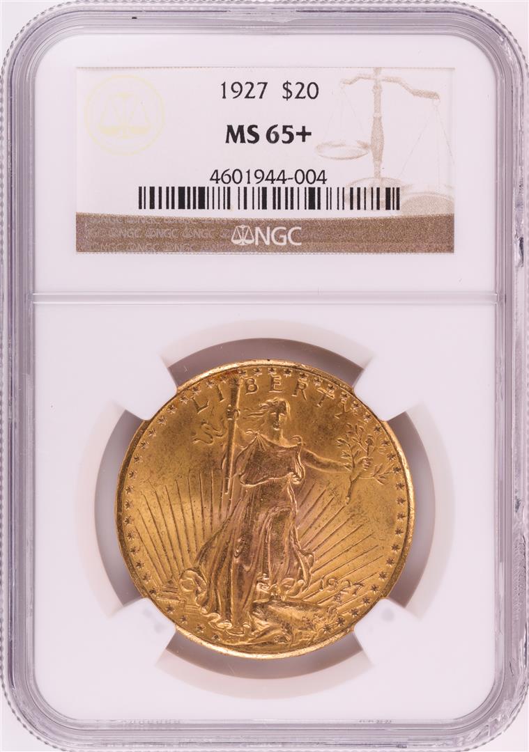 1927 $20 St. Gaudens Double Eagle Gold Coin NGC MS65+: One 1927 $20 St. Gaudens Double Eagle Gold Coin NGC MS65+. NGC Certified.