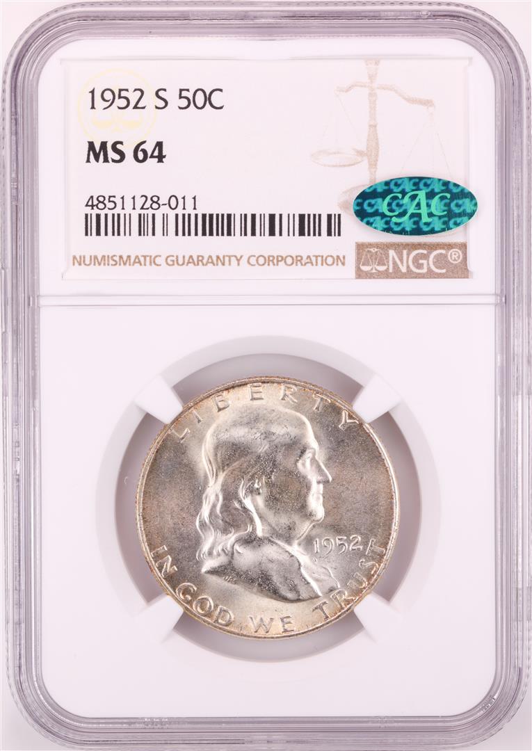 1952-S Franklin Half Dollar Coin NGC MS64 CAC: One 1952-S Franklin Half Dollar Coin NGC MS64 CAC. NGC Certified.