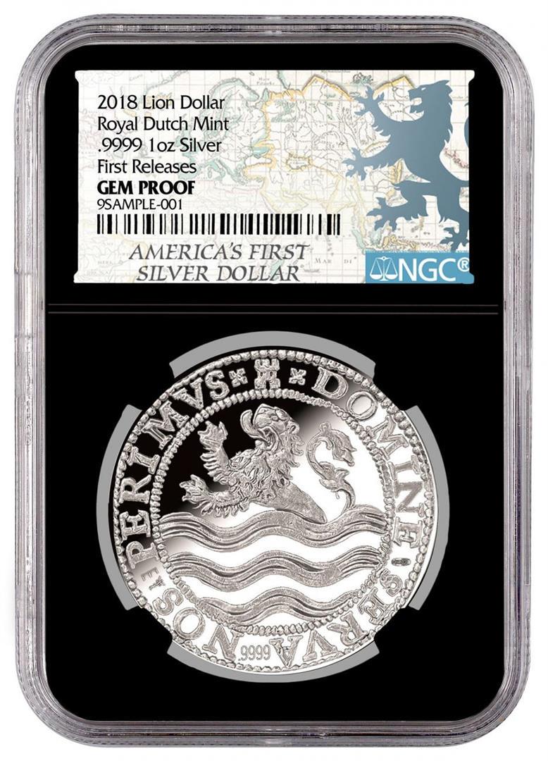2018 Netherlands 1 oz. Silver Lion Dollar Coin NGC Gem: One 2018 Netherlands 1 oz. Silver Lion Dollar Coin NGC Gem Proof First Release Black Core. NGC Certified.