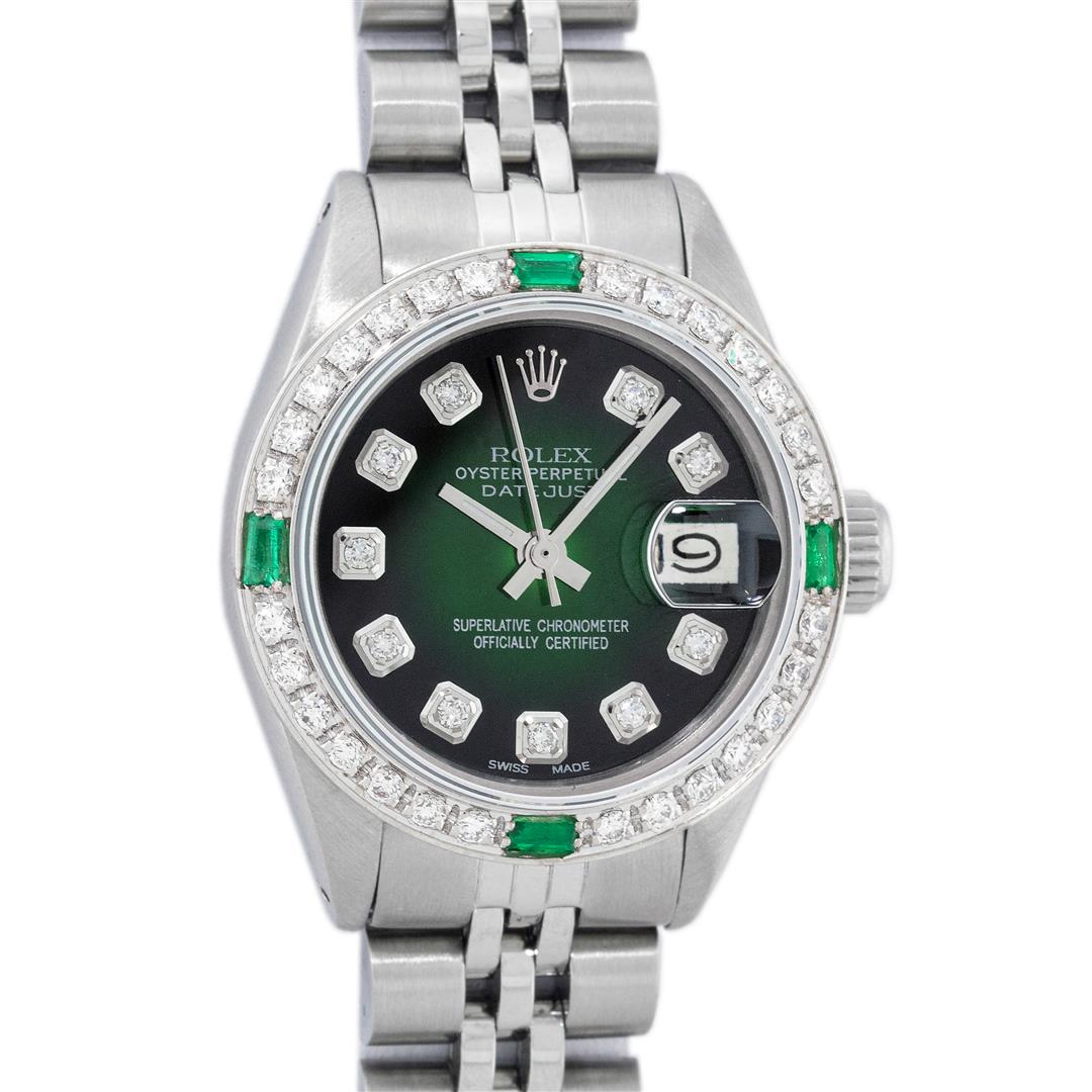 Rolex Ladies Stainless Steel Green Vignette Diamond: One Ladies Stainless Steel Rolex Datejust Polished Bright with Satin Finish, Serviced & Electronically Tested, Stainless Steel Case: 26mm, Stainless Steel Crown, Custom Bezel: New 18K White Gold Synth