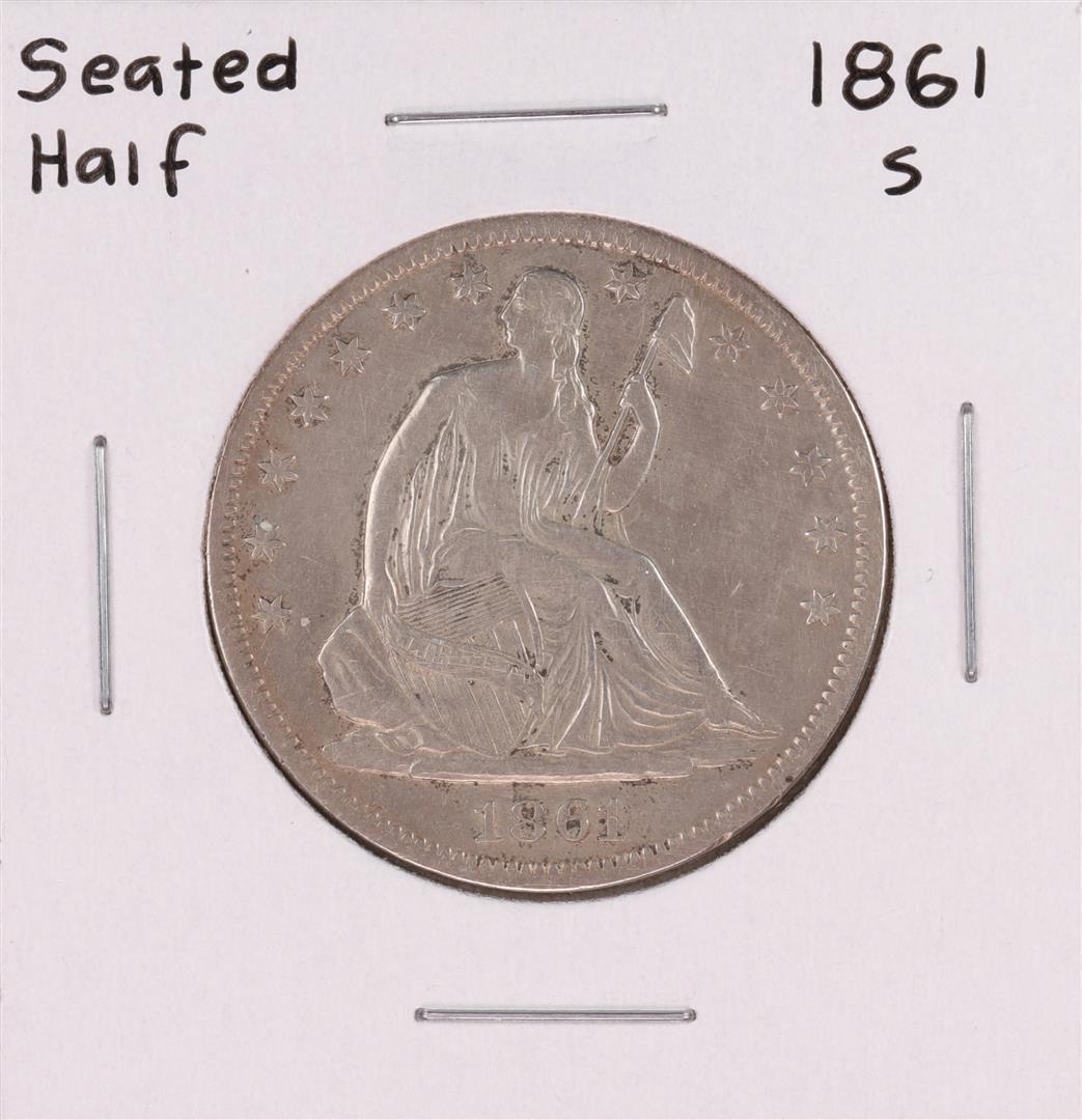 1861-S Seated Liberty Half Dollar Coin: One 1861-S Seated Liberty Half Dollar Coin.