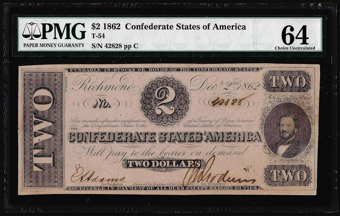 1862 $2 Confederate States of Note T-54 PMG Choice: One 1862 $2 Confederate States of Note T-54 PMG Choice Uncirculated 64. PMG Certified.
