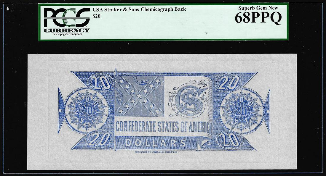 $20 Chemicograph Back Confederate Currency Note PCGS: One $20 Chemicograph Back Confederate Currency Note PCGS Superb Gem New 68PPQ. PCGS Graded.