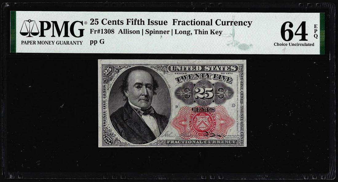 1874 25 Cent Fifth Issue Fractional Note Fr.1308 PMG: One 1874 25 Cent Fifth Issue Fractional Note Fr.1308 PMG Choice Uncirculated 64EPQ. PMG Certified.