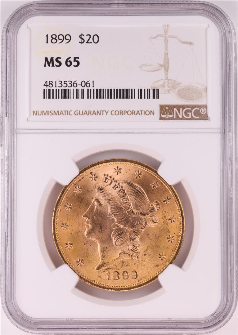 1899 $20 Liberty Head Double Eagle Gold Coin NGC MS65: One 1899 $20 Liberty Head Double Eagle Gold Coin NGC MS65. NGC Certified.
