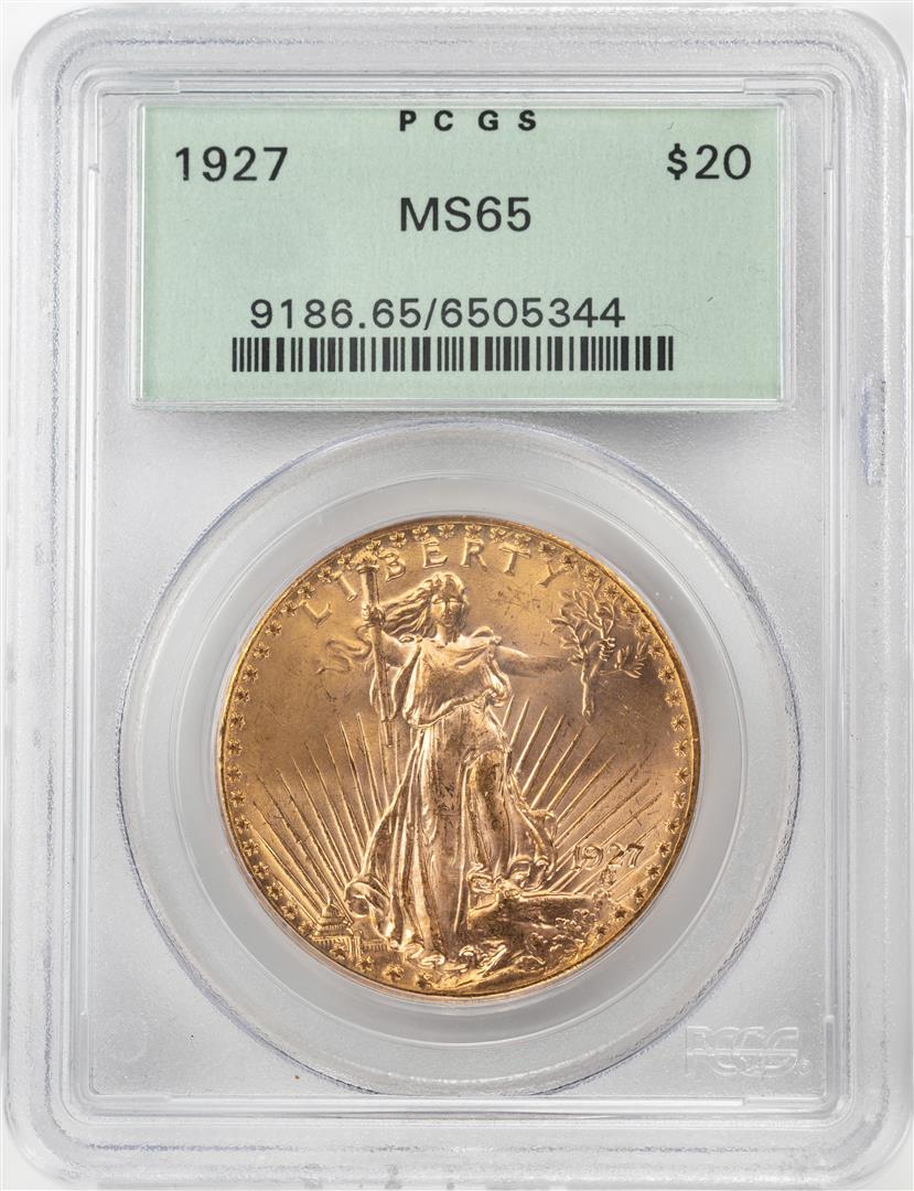 1927 $20 St. Gaudens Double Eagle Gold Coin PCGS MS65: One 1927 $20 St. Gaudens Double Eagle Gold Coin PCGS MS65 Old Green Holder. PCGS Graded.