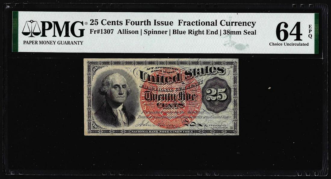 1863 25 Cents Fourth Issue Fractional Note Fr.1307 PMG: One 1863 25 Cents Fourth Issue Fractional Note Fr.1307 PMG Choice Uncirculated 64EPQ. PMG Certified.