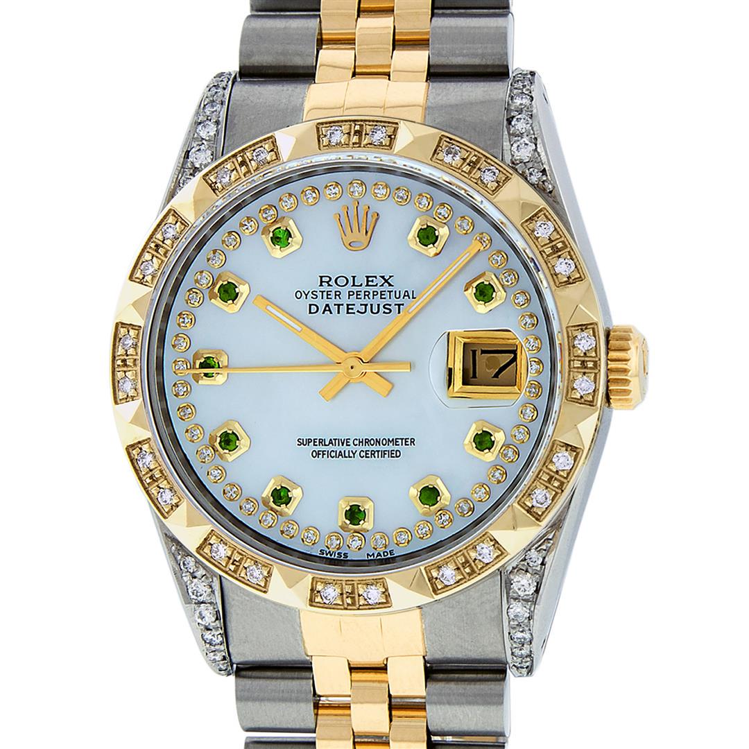 Rolex Men's Two Tone MOP String Pyramid Diamond &: One Men's Yellow Gold & Stainless Steel Rolex Datejust Polished Bright with Satin Finish, Serviced & Electronically Tested, Stainless Steel Case: 36mm, Custom Diamond Lugs: 28 Diamonds In Lugs, Color: