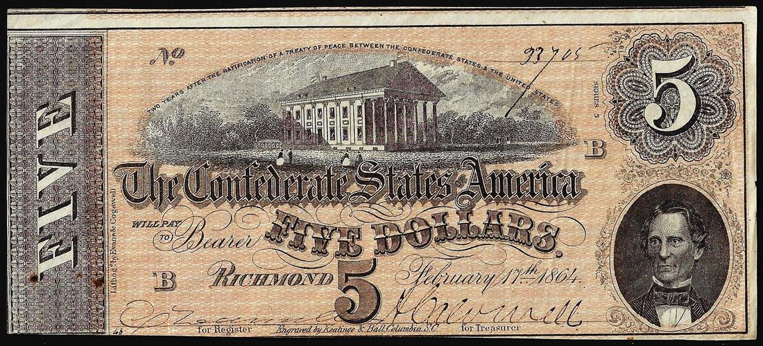 1864 $5 Confederate States of America Note: One 1864 $5 Confederate States of America Note.