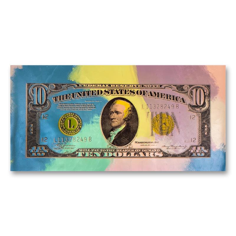 Steve Kaufman "1934 Ten Dollar Hamilton Dollar Bill": "1934 Ten Dollar Hamilton Dollar Bill" is a limited edition hand pulled silkscreen mixed media on canvas by Andy Warhol protege Steve Kaufman (1960-2010). This piece is numbered and AP 33/50 and hand