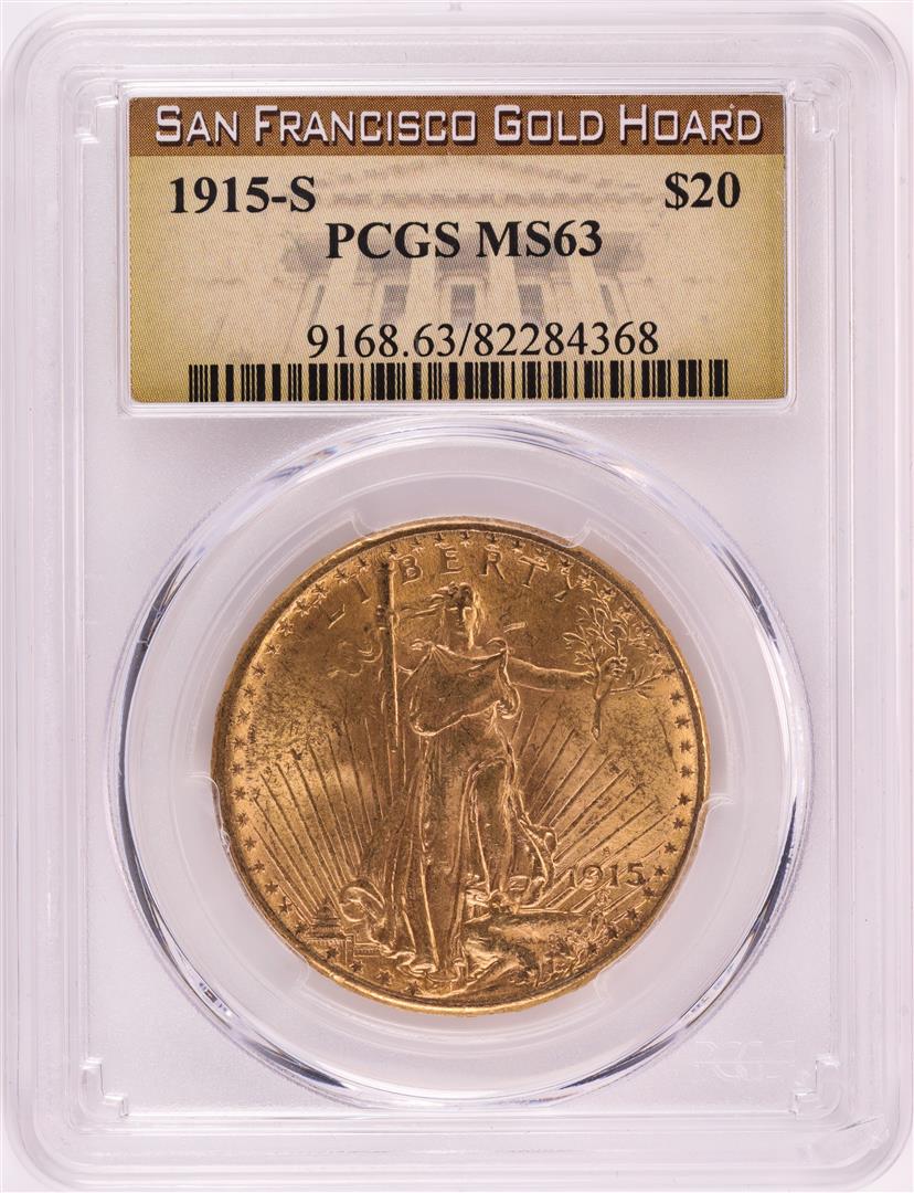 1915-S $20 St. Gaudens Double Eagle Gold Coin PCGS MS63: One 1915-S $20 St. Gaudens Double Eagle Gold Coin PCGS MS63 San Francisco Gold Hoard. PCGS Graded.