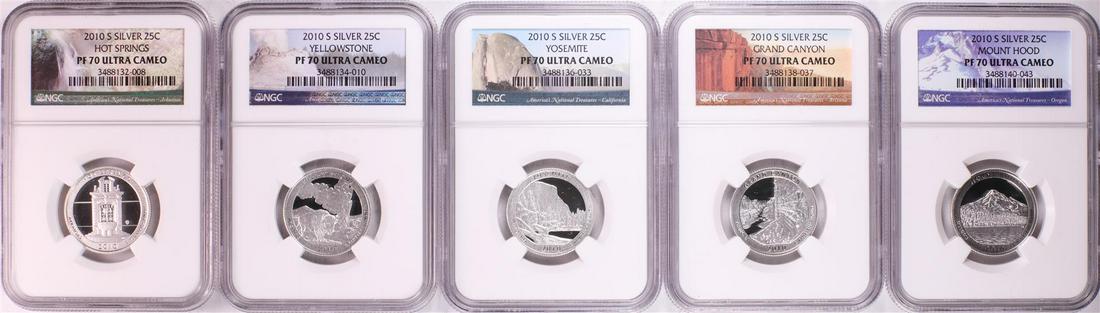Set of (5) 2010-S ATB National Park Silver Quarter: One Set of (5) 2010-S ATB National Park Silver Quarter Coins NGC PF70 Ultra Cameo. NGC Certified.