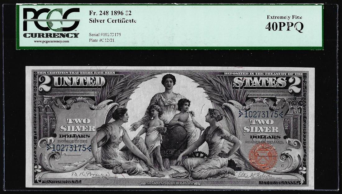 1896 $2 Educational Silver Certificate Note Fr.248 PCGS: One 1896 $2 Educational Silver Certificate Note Fr.248 PCGS Extremely Fine 40PPQ. PCGS Graded.