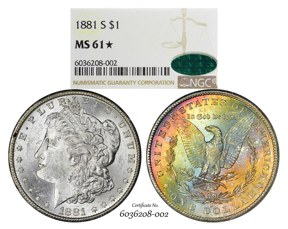 1881-S $1 Morgan Silver Dollar Coin NGC MS61* Star CAC: One 1881-S $1 Morgan Silver Dollar Coin NGC MS61* Star CAC Amazing Toning. NGC Certified.