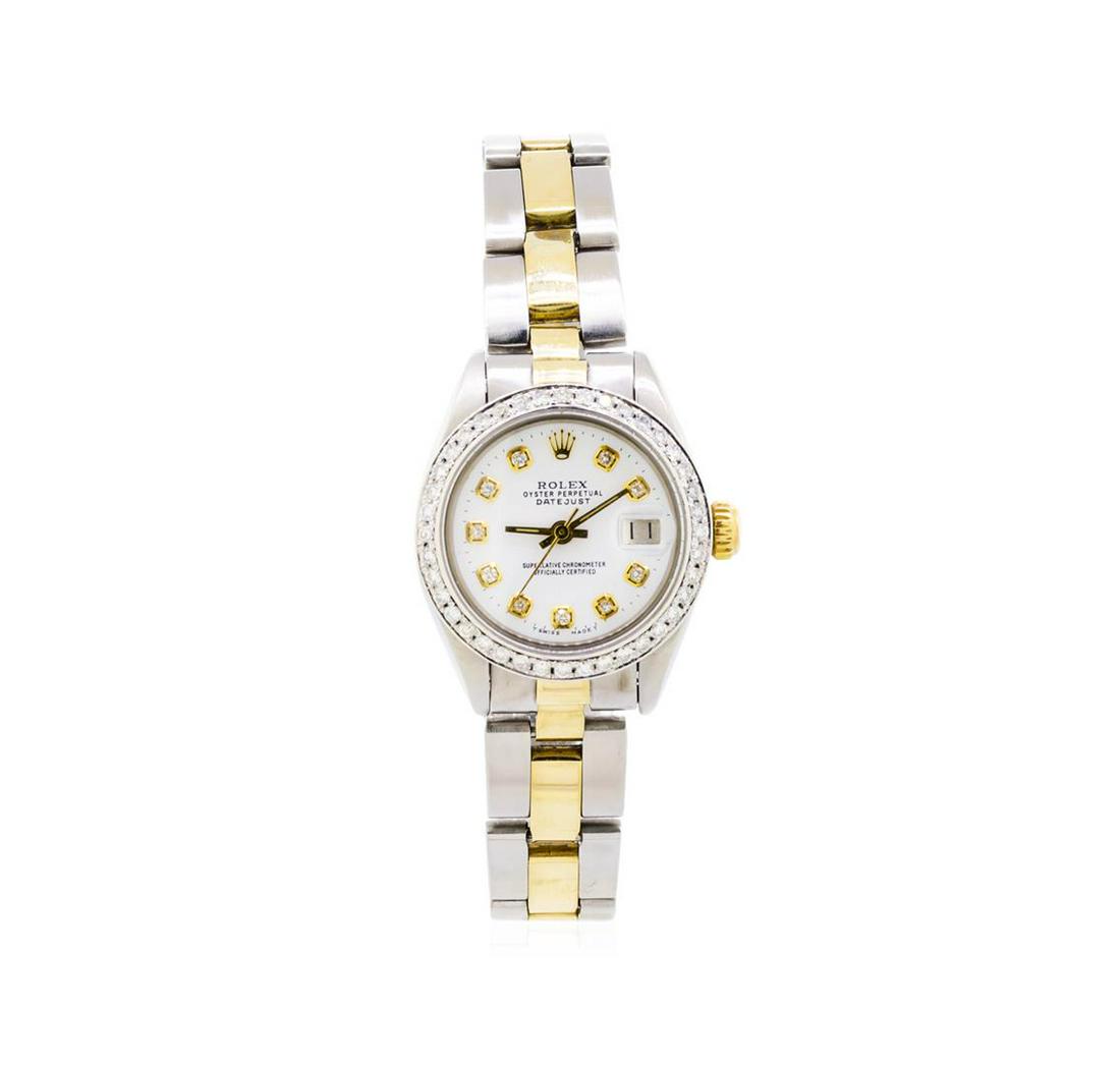 Ladies Two-Tone Oyster Rolex Datejust Watch with: One ladies, hand crafted & machine milled Rolex DateJust Model wristwatch electronically tested, Stainless Steel Case: 26mm oyster, Crown: 14KT yellow gold twinlock with logo, Custom Bezel: diamond se