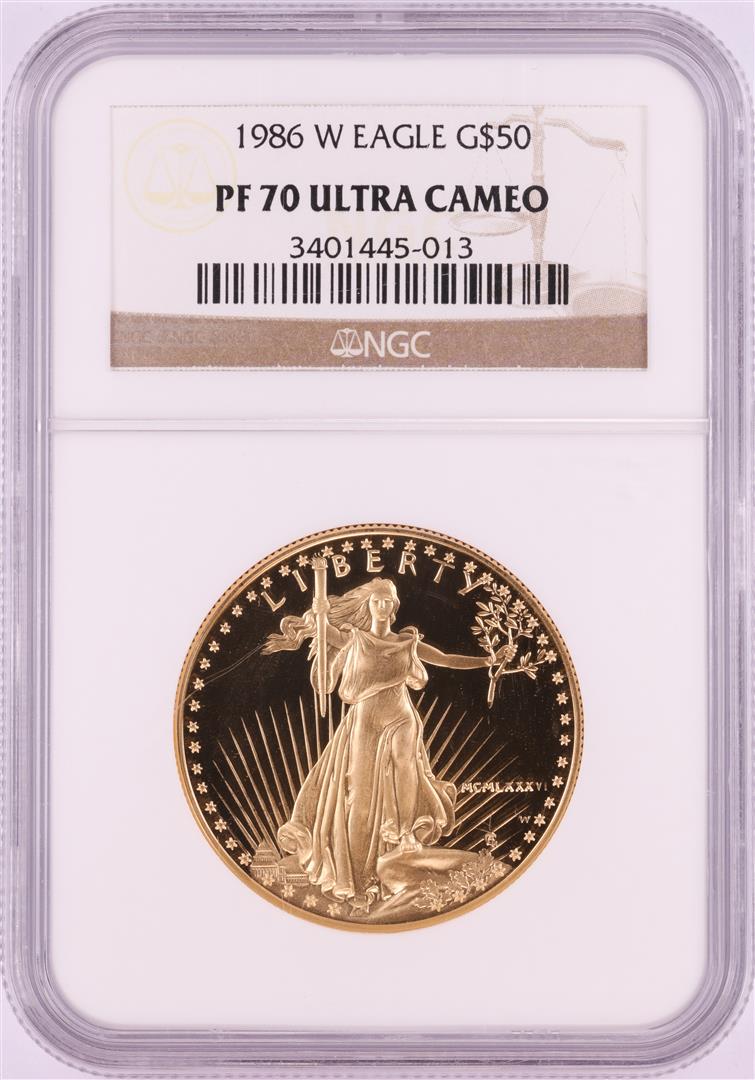 1986-W $50 Proof American Gold Eagle Coin NGC PF70: One 1986-W $50 Proof American Gold Eagle Coin NGC PF70 Ultra Cameo. NGC Certified.
