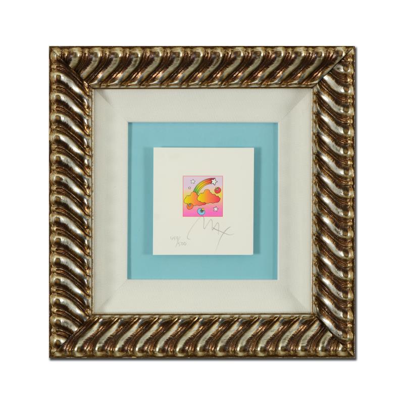 Peter Max "Rainbow With Clouds" Limited Edition: "Rainbow with Clouds" is a limited edition lithograph on paper by Peter Max, numbered 459/500 and hand signed by the artist. This piece comes framed and includes Certificate of Authenticity. Measures