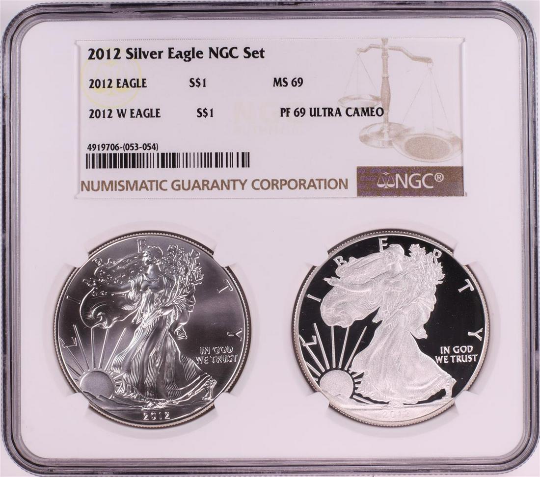 2012 $1 American Silver Eagle Coin Set NGC MS69/PF69: One 2012 $1 American Silver Eagle Coin Set NGC MS69/PF69 Ultra Cameo. NGC Certified.