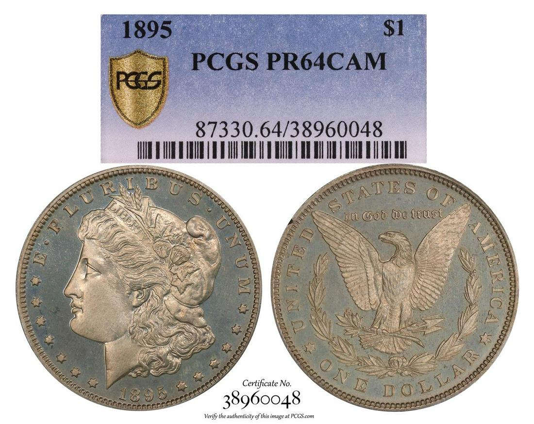 1895 $1 Proof Morgan Silver Dollar Coin PCGS PR64CAM: The 1895 holds a special place in the Morgan dollar series. The story goes that 12,000 circulation strikes were coined but never released, likely melted under the terms of the Pittman Act of 1918. Som