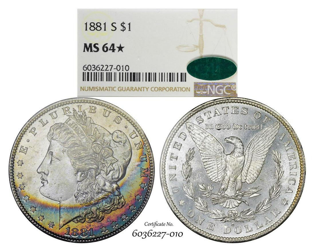 1881-S $1 Morgan Silver Dollar Coin NGC MS64* Star CAC: One 1881-S $1 Morgan Silver Dollar Coin NGC MS64* Star CAC Amazing Toning. NGC Certified.