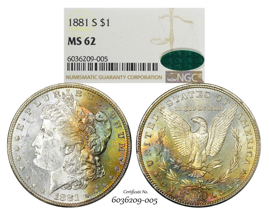 1881-S $1 Morgan Silver Dollar Coin NGC MS62 CAC: One 1881-S $1 Morgan Silver Dollar Coin NGC MS62 CAC Amazing Toning. NGC Certified.